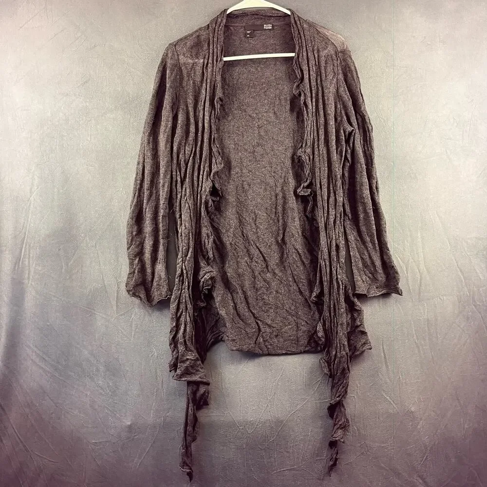 Eileen Fisher Cardigan Sweater Womens XS Grey Ruffle Silk Cashmere Blend Preppy